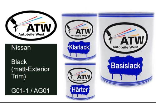 Nissan, Black (matt-Exterior Trim), G01-1 / AG01: 1L Lackdose + 1L Klarlack + 500ml Härter - Set, von ATW Autoteile West.